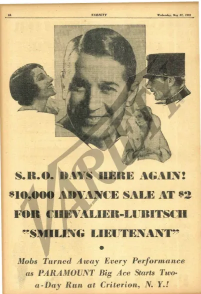 Figure 5: Advert using Chevalier’s image, The Smiling Lieutentant (1931). 