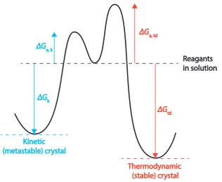 Figure 1.6: Energy diagram showing the energy change for a typical crystal system withstable and metastable polymorphs from nucleation from solvent