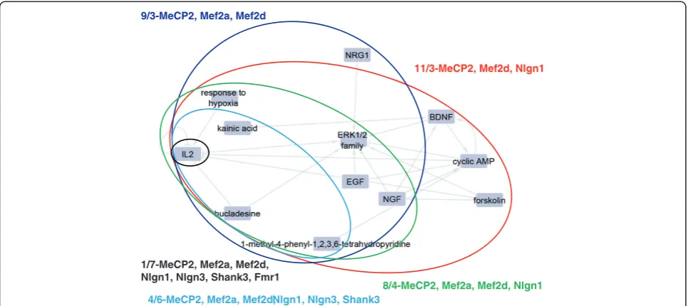 Figure 4 Multiple causal reasoning engine (CRE)-predicted hypotheses collapse into a molecular interaction network.domainsblue - The edges of theconnections represent the information linking the nodes, for example, a PubMed reference for the interaction