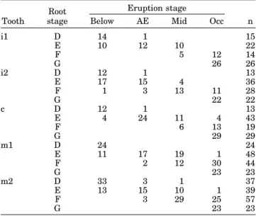 TABLE 10. Distribution of formation stage at each eruption level 1 Tooth Root stage Eruption stage n