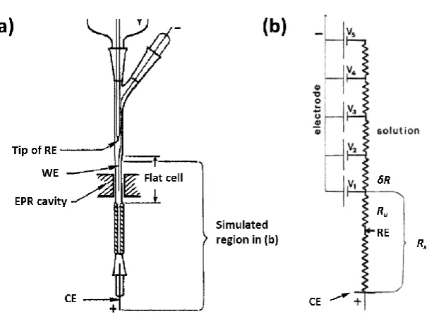 Figure 1.4. (a) EC-EPR cell based on flat cell design. (b) Simulation of the Ohmic drop effect along the WE surface Relative to CE