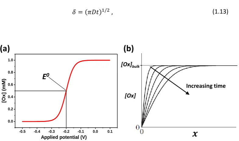 Figure 1.7. (a) a concentration profile for [Ox] of the electroanalyte at the WE surface as a function of electrode potential according to the Nernst-Planck equation