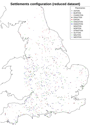 Figure 2.3: Plot of the reduced dataset with UK coastline. Each point represents asettlement