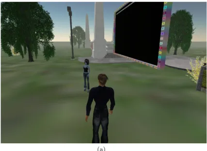 Fig. 3. (a) Screenshots of two avatars interacting: (a) social distance — approximately 5 meters, and (b) personal space — approximately 1 meter.