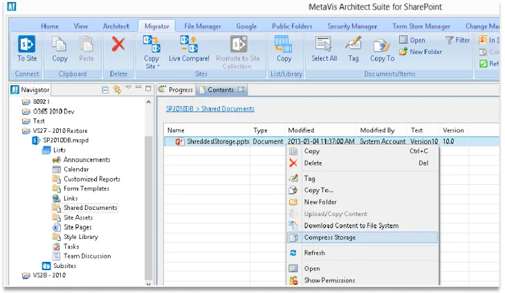 Figure 13: Compress Storage in MetaVis Migrator 