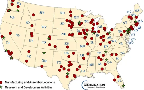 Figure 7. Geographic Distribution of Representative Wind Turbine Component  Manufacturers and R&amp;D Locations (Includes Recently Announced Facilities) 