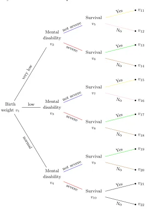 Figure 1: Example of a tree, T, on three variables: birth weight, mental disability andsurvival, with coloured stages