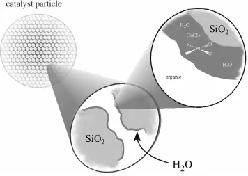 Figure 2.3:  Depiction of a supported catalyst solution.  In this case the solution is depicted as an aqueous solution but the water could also be a eutectic melt of molten salts