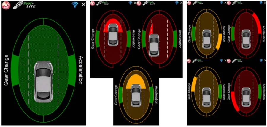 Fig. 1.Example screenshots from the Foot-LITE1 smart driving advisor. Only one “oval” is ever presented on the IVIS at any one time, but all aspects depictedcan change in real time and in combination