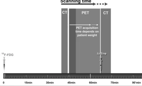 FIGURE 2. Timeline of PET/CT proce- proce-dure indicating different image acquisition steps after injection of 18 F-FDG tracer  ap-proximately 45 min before study