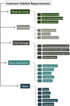 Figure 5: Instream habitat requirements inclusive of all life stages for the longfin eel, developed from extensive literature review