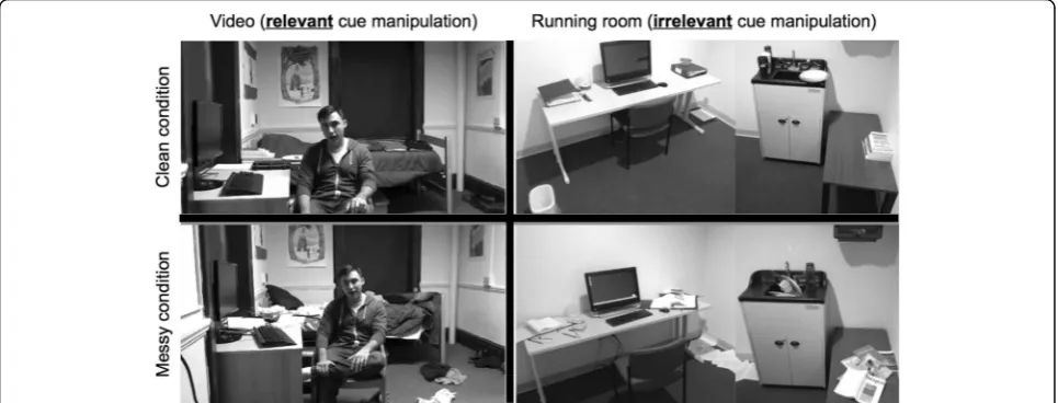 Fig. 1 Screenshots depicting clean versus messy video conditions, representative of the relevant cue manipulation (left two quadrants), andtesting room conditions, representative of the irrelevant cue manipulation (right two quadrants)