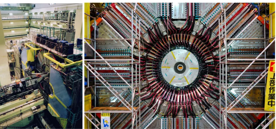 Figure 2.1.5. Left: View of the Tsukuba detector hall with the Belle detector. The beamline enters from the bottom leftthrough the detector end cap