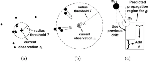 Figure 2: (a) Selecting particles to be replicated; (b) The optimised particles distribution using Algorithm 1 of GOPF; and (c)Predicted propagation region based on drift (Algorithm 2 of GOPF).