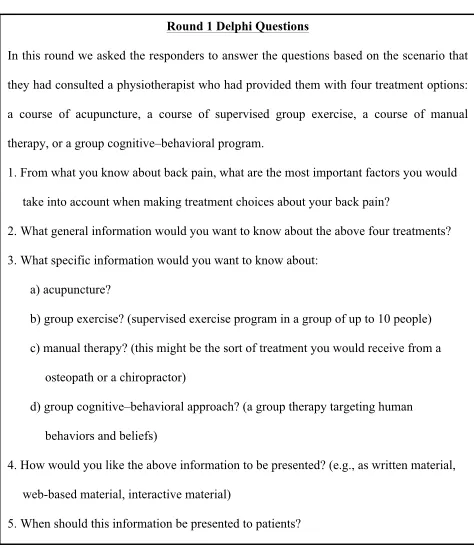 Figure 1.Details of questions asked in Delphi round 1.
