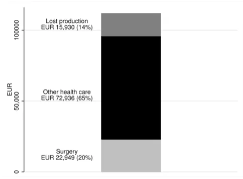 Figure 2paid work due to the child's injury)ward days; lost productivity when parents were absent from by sources of cost (surgery, other health-care cost, including from the Malmö catchment area for 12 months 2002–2003 Total cost (EUR) for hand and forearm injuries in 51 children Total cost (EUR) for hand and forearm injuries in 51 children from the Malmö catchment area for 12 months 2002–2003 by sources of cost (surgery, other health-care cost, including ward days; lost productiv-ity when parents were absent from paid work due to the child's injury).