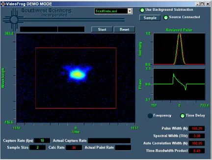 Figure 1.3. Screen capture of the FROG trace and reconstruction of pulses from the 