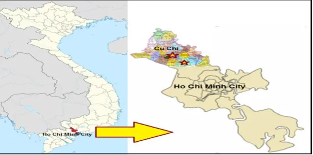 Figure 1 The map of Ho Chi Minh City with Cu Chi district and places of sampling. Star shapes used to illustrate Tan Phu Trung and Phuoc Vinh An wards, Cu Chi district