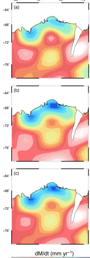 Figure 4. GRACE observations corrected for GIA uplift rates us-ing (a) the ICE-6G_C(VM5) model by Peltier et al