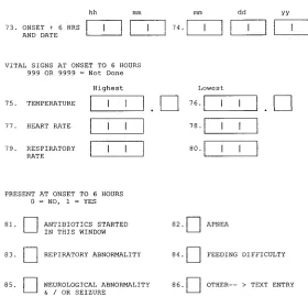 Fig 5. Portion of data abstraction form used in oursecond “rule out sepsis” study. Items 73 and 74 couldbe calculated by computer but have been retained as a“memory jog” for research assistants