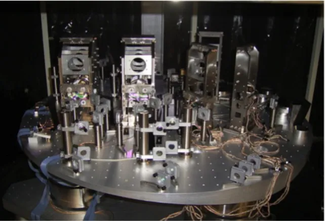 Figure 1.5: Inside of TNI’s main vacuum chamber, ca. 2007. The suspended test masses are on theleft, the triangular Mode Cleaner cavity is on the right