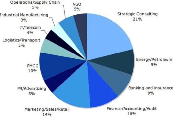Figure 3: Interest in different industry sectors  Additionally mentioned were the following areas: star-up and high growth companies, real  estate, business development, aviation, human resources, CSR, Internet business, music  industry, pharmaceuticals, p