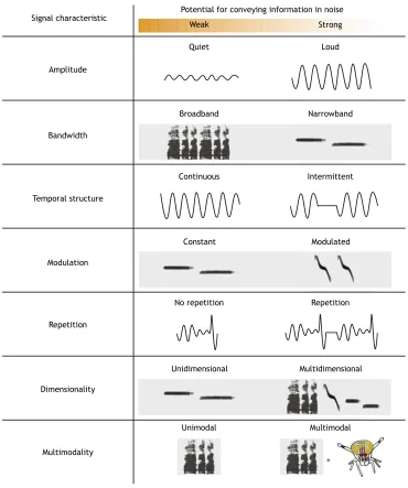 Fig. 2. Signal characteristics and theirhypothesized robustness to maskingwave form) and spectral (grey boxnoise