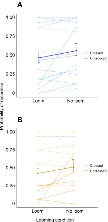 Fig. 6. The probability of mantises striking in response to targets withmotion-defined looming.a target defined by a spiralling focal area defined by two different forms ofmotion: (A) dots streaming outwards from the centre of the target and(B) a motion bo