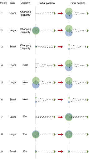 Fig. 3. Stimuli presented in experiment 2. The stimulus herewas a dark spiralling disc presented against a grey background.The disparity between the discs seen in each eye and the sizes ofthe discs were varied in different stimuli to present differentcombi