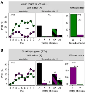 Fig. 7. Acquisition trials and memory test in differentialolfactoryreversed, this discrimination was much lower, but still present(cases, bees did not memorise that information and partiallygeneralised between single elements and compound (middlepanels; Co