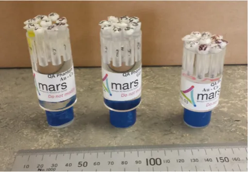 Figure 2. CaAu, GdI, and Multi-Contrast QA phantoms (left to right).