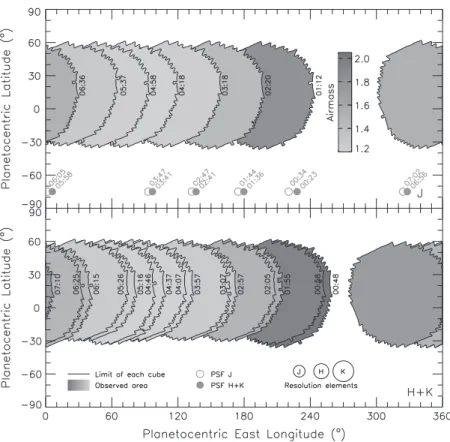 Fig. 3. Equidistant Cylindrical Projections showing the coverage of our observations (ROI only) on Ceres’ surface