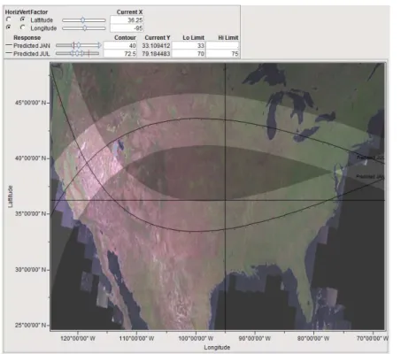 Figure 8. JMP’s Contour Profiler with a US map showing lines and zones of January  and July 30 average temperatures