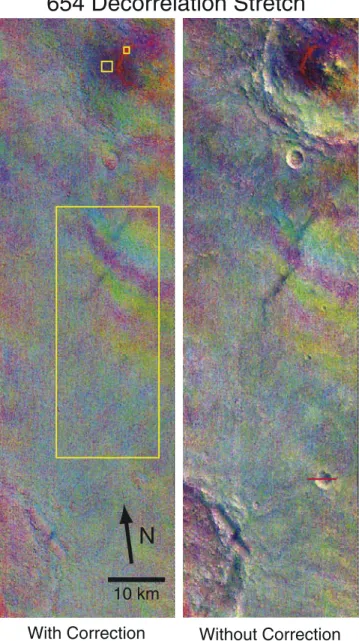 Figure 6. Band 654 (projected as RGB) decorrelation stretch emissivity image for I01221005