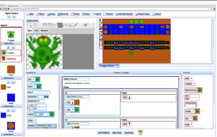 Figure 1. The IDE of AgentWeb with a Frogger game being designed in the Web browser. 