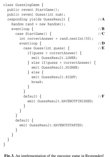 Fig. 3. An implementation of the guessing game in ResponderJ