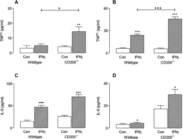 Fig. 2. IFNc-induced TNFa and IL-6 release was enhanced in mixed glia and puriﬁed microglia prepared from CD200�/� mice