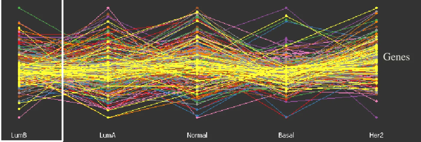 Figure 4: GGobi software based parallel coordinate plot for the 306 genes across the 249 patients  representing the 5 subtypes