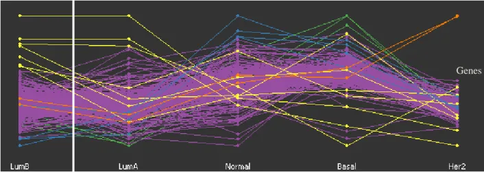Figure 5: GGobi software displays a parallel coordinates for the 306 genes across the 249 patients 