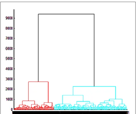 Figure 7: A dendrogram specifying the two clusters of patients (at cut off point 2727) according to their  correlation strength