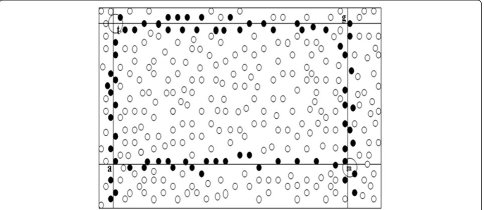 Figure 2 Protocol diagram. Empty circles denote the common sensor nodes, filled circles denote sensor nodes deployed in the forwardingpath of the location information, letter a denotes one sensor node, letter g denotes the replica of node a, letter t and letter m denote sensornodes deployed in the intersection points of the forwarding path.
