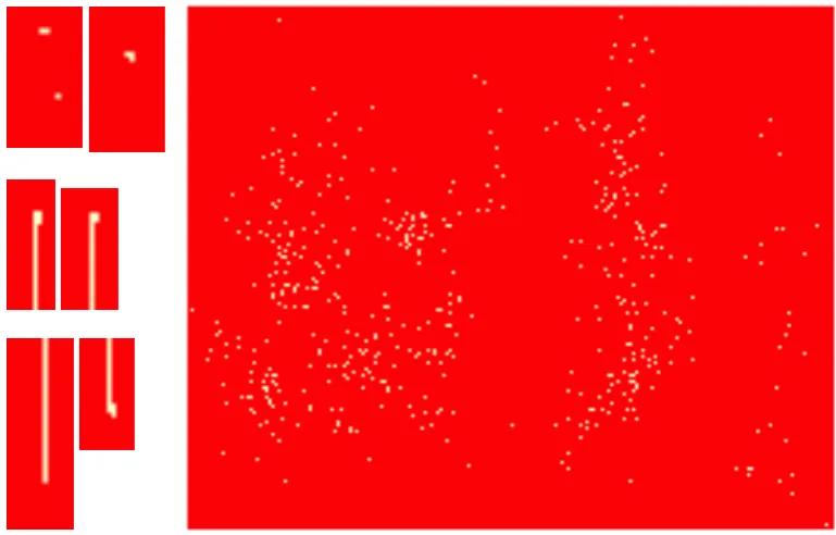 Figure 4:Spatial arrangements of bad pixels.A 0 to F 0. The two areas in the upper left row shows singletons, doubles and corner Selected areas from bad pixel imagespieces