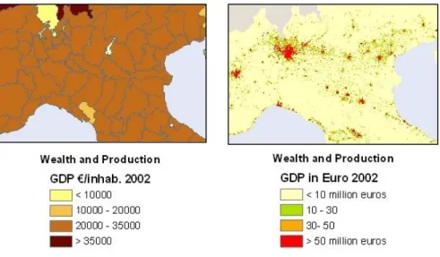 Figure 12. Original GDP €/inhab  distributed by Nuts3 2003 vs. GDP in Euro distributed by grid at the  North of Italy.
