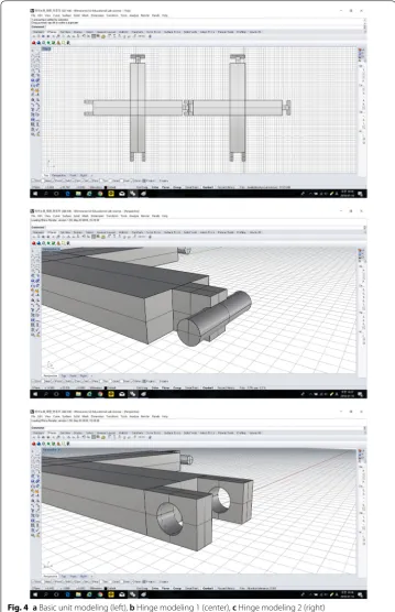 Fig. 4 a Basic unit modeling (left), b Hinge modeling 1 (center), c Hinge modeling 2 (right)