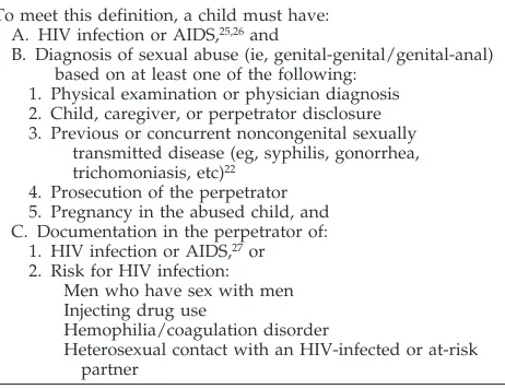 TABLE 1.HIV/AIDS Surveillance Definition for ConfirmedSexual Exposure to HIV Infection Among Children