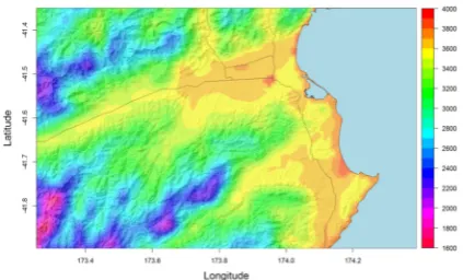 Figure 4 - The WRF nested grid configuration, showingterrain height, a) for all four grid domains (27, 9, 3 and 1 km resolution), and b) the high-resolution domain