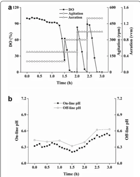 Fig. 4 Time profiles of DO (a) and pH (b) in E. coli culture with a micro-bioreactor