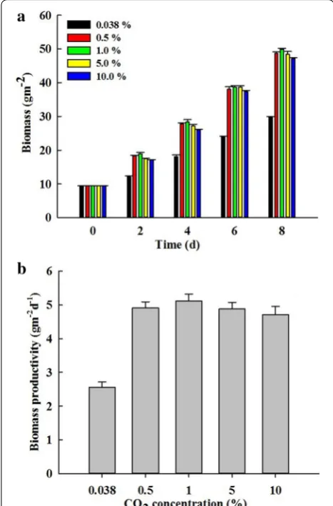 Fig. 3 Effect of  CO2 concentration on growth of B. braunii SAG807‑1 under attached cultivation
