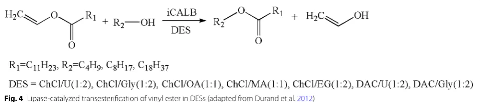 Fig. 3 Lipase‑catalyzed transesterification of ethyl valerate to butyl valerate in DESs (adapted from Gorke et al