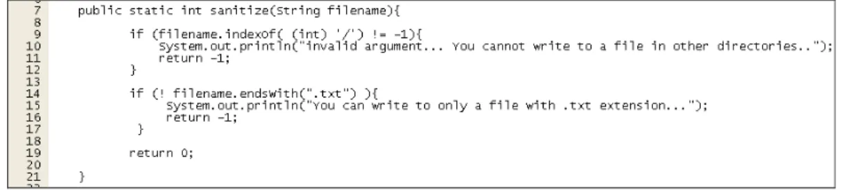 Figure 8: Java Code Snippet for the Sanitize Method to Validate the Filename Received  through Socket 